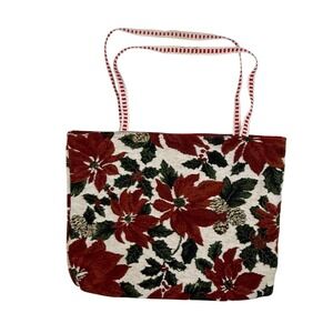 VTG Christmas Poinsettia Tapestry Tote Bag Medium Red Floral Holiday Cottagecore